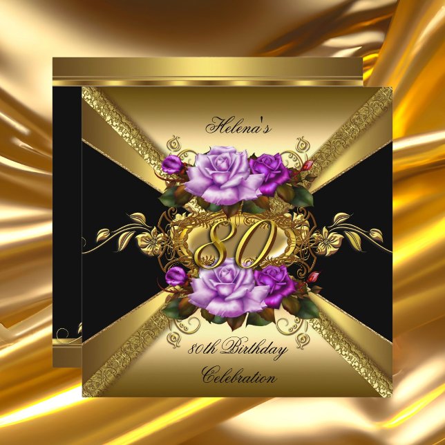 80th Birthday Party Purple Gold Roses Black Invitation (Creator Uploaded)