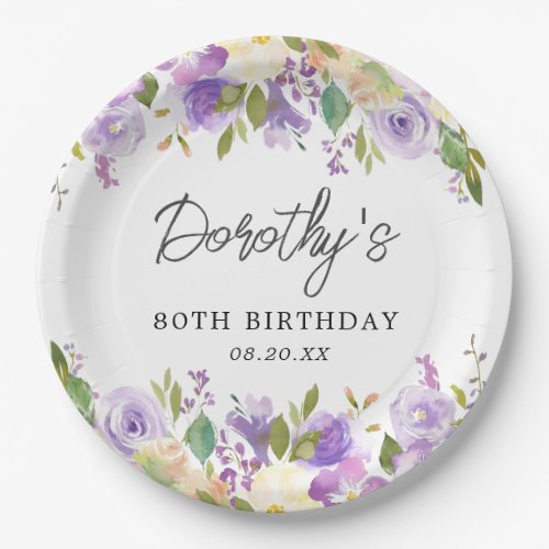 80th Birthday Party Purple Rose Floral Custom Paper Plates
