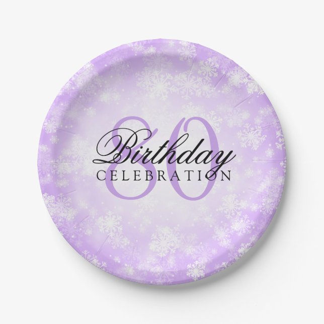 80th Birthday Party Purple Winter Wonderland Paper Plates (Front)