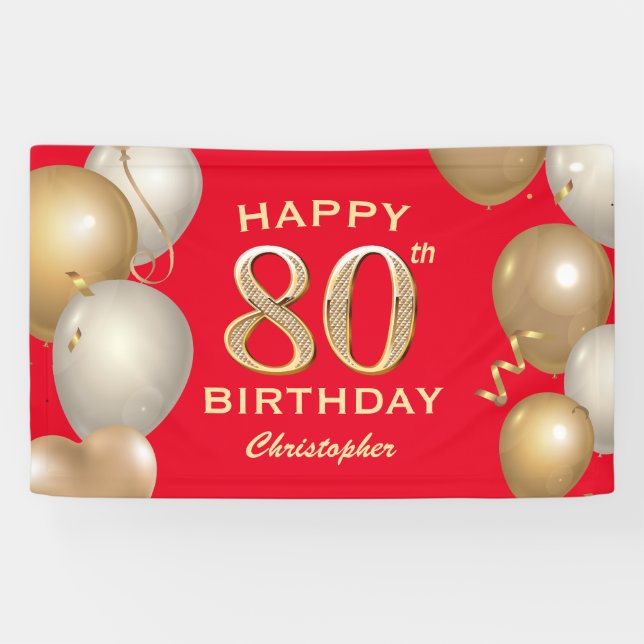80th Birthday Party Red and Gold Balloons Banner (Horizontal)
