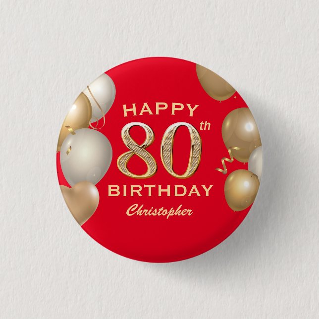 80th Birthday Party Red and Gold Balloons Button (Front)