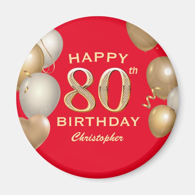 80th Birthday Party Red and Gold Balloons Magnet (Front)