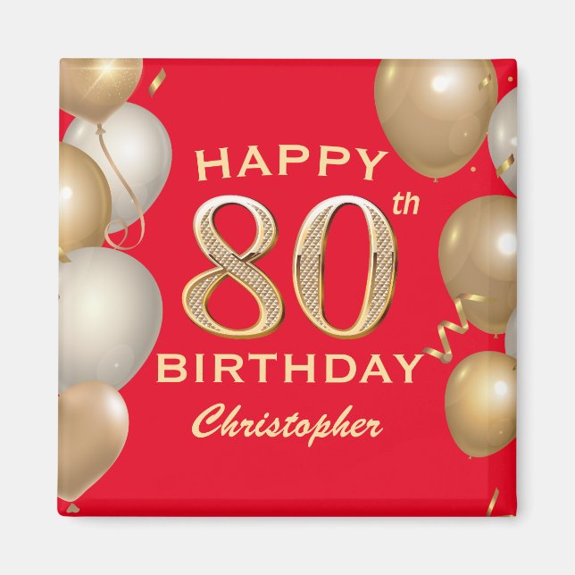 80th Birthday Party Red and Gold Balloons Magnet (Front)