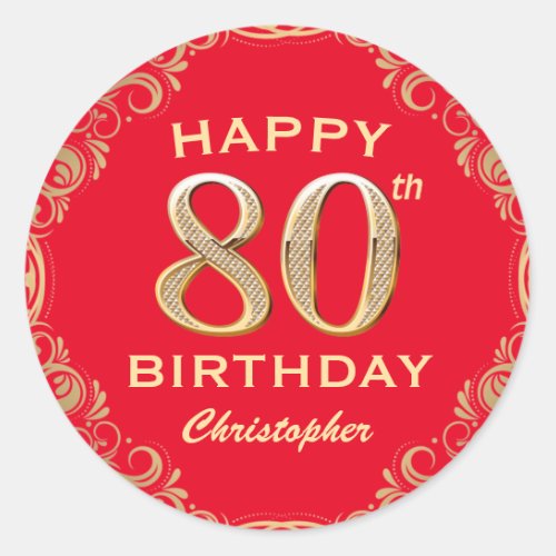 80th Birthday Party Red and Gold Glitter Frame Classic Round Sticker