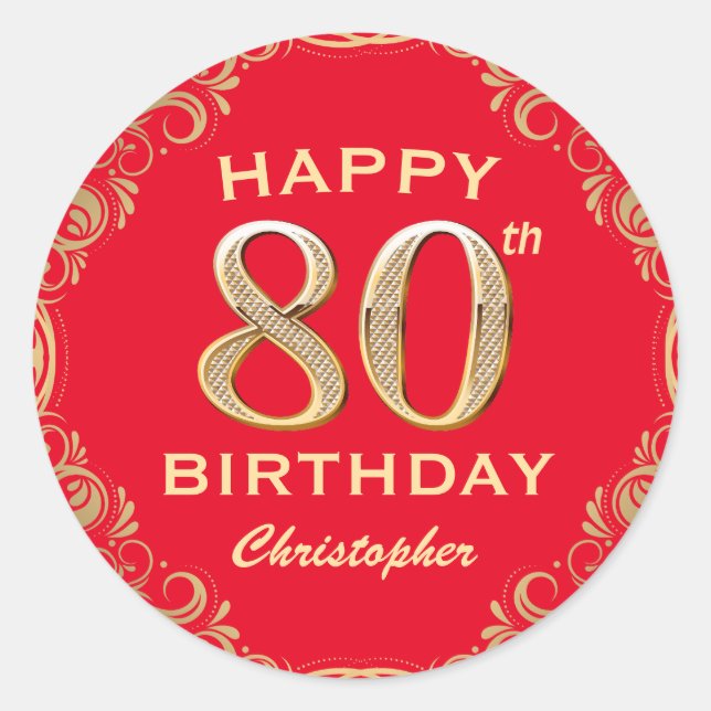 80th Birthday Party Red and Gold Glitter Frame Classic Round Sticker (Front)