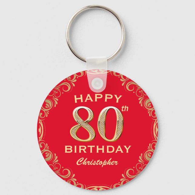 80th Birthday Party Red and Gold Glitter Frame Keychain (Front)