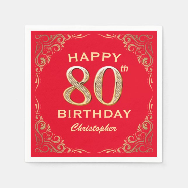 80th Birthday Party Red and Gold Glitter Frame Napkins (Front)