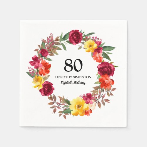 80th Birthday Party Red Orange Yellow Fall Floral Napkins