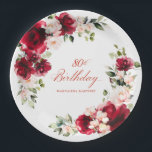 80th Birthday Party Red Pink Floral Custom Paper Paper Plates<br><div class="desc">Pretty red roses and blush pink peonies decorate this 80th birthday party custom paper plate. Two lovely floral arrangements decorate two sides. Elegant calligraphy spells out 80th birthday, The birthday celebrant's name is below. This item is part of the Red Rose and Pink Peony collection. It contains professional designed invitation...</div>