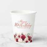 80th Birthday Party Red Rose Pink Peony Custom Paper Cups<br><div class="desc">Pretty red roses and blush pink peonies decorate this 80th birthday party can cooler. Elegant calligraphy spells out Happy 80th birthday. The birthday celebrant's name is below. This item is part of the Red Rose and Pink Peony collection. It contains professionally designed invitation templates, welcome sign templates and personalized party...</div>