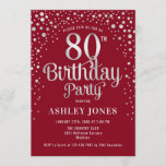 80th Birthday Party - Red & Silver Invitation<br><div class="desc">80th Birthday Party Invitation.
Elegant design in dark red and faux glitter silver. Features stylish script font and confetti. Message me if you need custom age.</div>