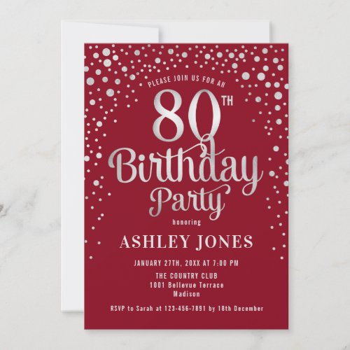 80th Birthday Party _ Red  Silver Invitation