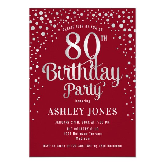 80th Birthday Party - Red & Silver Invitation | Zazzle.com