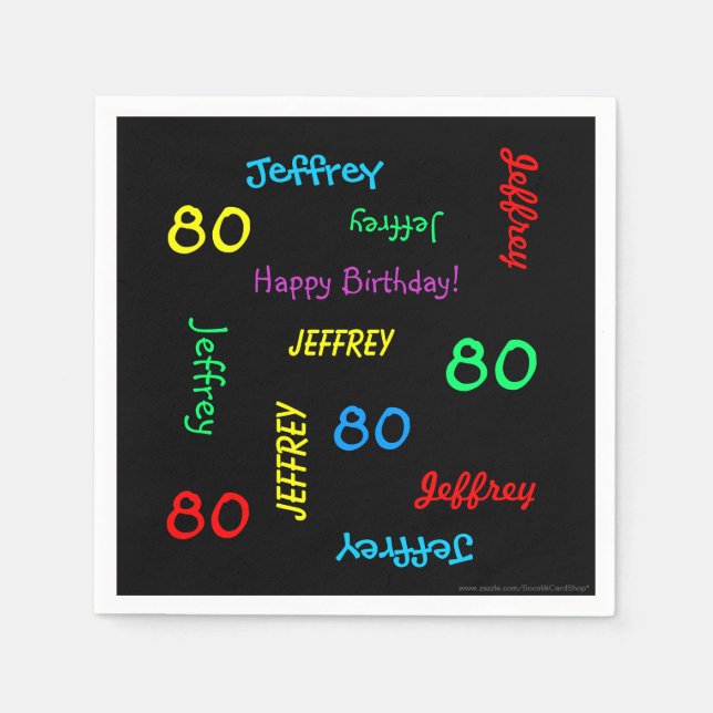80th Birthday Party Repeating Names, Black Paper Napkins (Front)