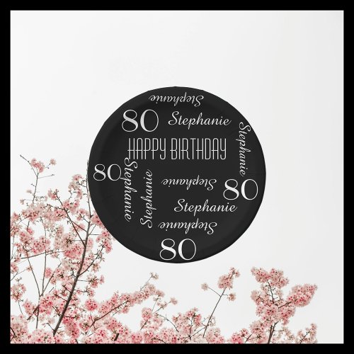 80th Birthday Party Repeating Names Black White  Paper Plates