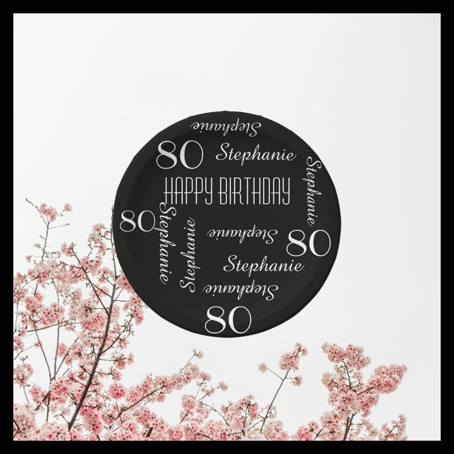 80th Birthday Party Repeating Names Black White  Paper Plates (Creator Uploaded)
