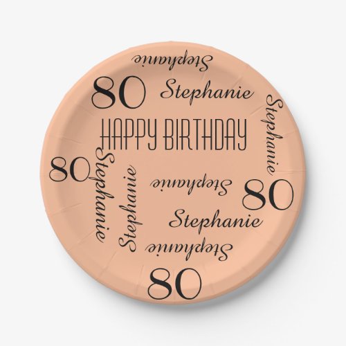 80th Birthday Party Repeating Names Peach Fuzz Paper Plates