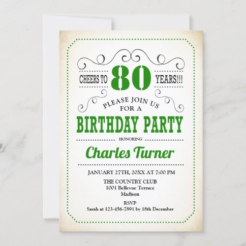 80th Birthday Party _ Retro Creamy White and Green Invitation