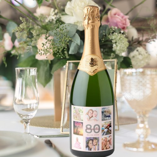 80th birthday party rose gold custom photo collage sparkling wine label