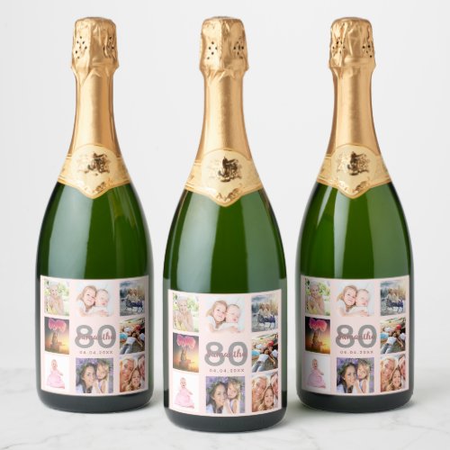 80th birthday party rose gold custom photo collage sparkling wine label