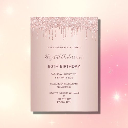 80th birthday party rose gold glitter drip invitation