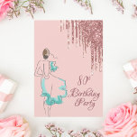 80th birthday party rose gold glitter drips art invitation<br><div class="desc">A feminine, modern and glamorous birthday invitation. A girly rose gold background color. A sketch of a woman in a mint green colored dress. Rose gold faux glitter drip, paint drip look on top. The text: 80th Birthday Party in rose gold trendy hand lettered style script. Templates for a name...</div>