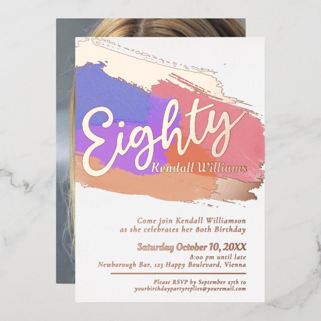 80th Birthday party rose gold photo abstract art Foil Invitation (Front/Back)