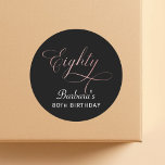 80th Birthday Party Rose Gold Script  Classic Round Sticker<br><div class="desc">Add a personal and stylish finishing touch to your celebration with this 80th Birthday Party Rose Gold Script Classic Round Sticker. Featuring elegant faux rose gold calligraphy and customizable text, these stickers are perfect for sealing envelopes, favor bags, gift boxes, or party décor. The classic round shape and metallic-inspired design...</div>