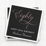 80th Birthday Party Rose Gold Script Personalized Napkins<br><div class="desc">Celebrate 80 incredible years in style with these 80th Birthday Party Rose Gold Script Personalized Napkins. Featuring elegant metallic-look rose gold script and fully customizable text, these napkins add a touch of glam to your milestone celebration. Perfect for cocktail hour, dessert tables, or sit-down dinners, they effortlessly elevate your party...</div>