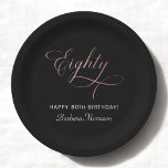80th Birthday Party Rose Gold Script Personalized Paper Plates<br><div class="desc">Make your milestone celebration shine with these 80th Birthday Party Rose Gold Script Personalized Paper Plates. Designed with elegant rose gold-style script and fully customizable text, these disposable plates add a touch of sophistication to any birthday bash. Perfect for serving cake, appetizers, or full meals, they combine style with convenience....</div>