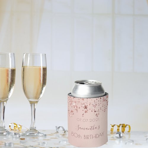 80th birthday party rose gold shiny stars glittery can cooler