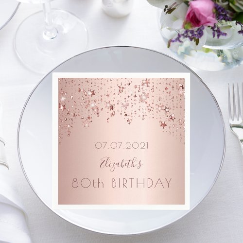 80th birthday party rose gold stars drips pink napkins