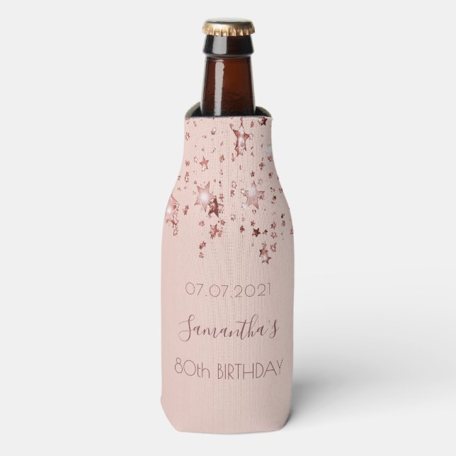 80th birthday party rose gold stars name bottle cooler (Bottle Front)
