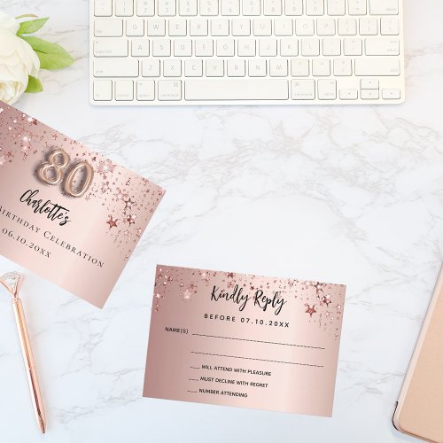 80th birthday party rose gold stars RSVP card