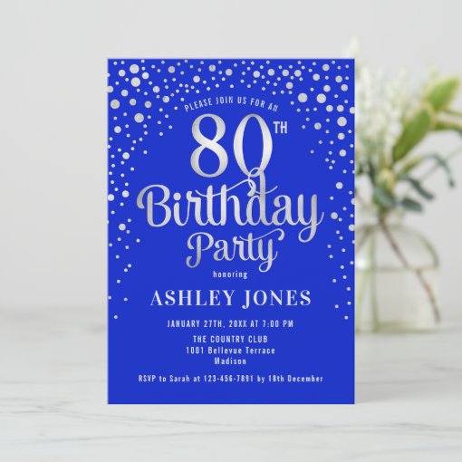 80th Birthday Party - Royal Blue & Silver Invitation | Zazzle