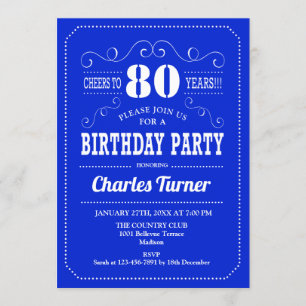 80th Birthday Party - Royal Blue White Invitation