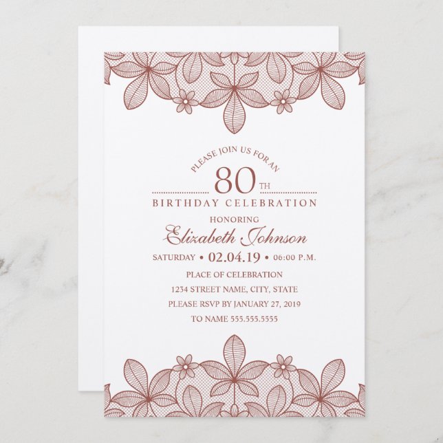 80th Birthday Party Rustic Lace Kraft Paper Invitation (Front/Back)