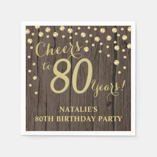 80th Birthday Party Rustic Wood and Gold Diamond N Napkins