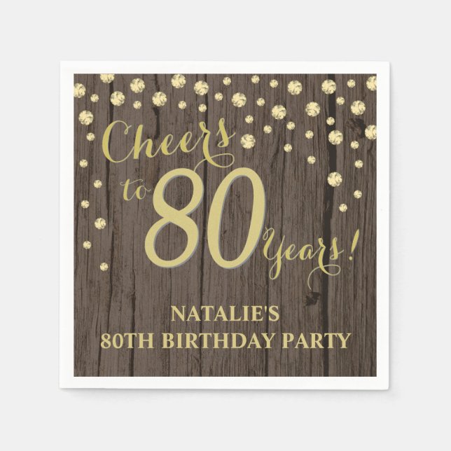 80th Birthday Party Rustic Wood and Gold Diamond N Napkins (Front)