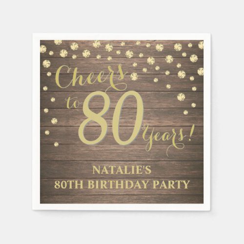 80th Birthday Party Rustic Wood and Gold Diamond Napkins