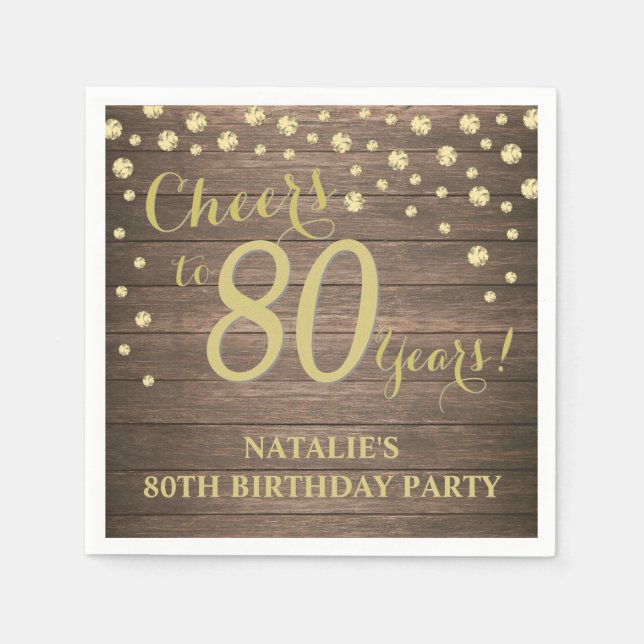80th Birthday Party Rustic Wood and Gold Diamond Napkins (Front)