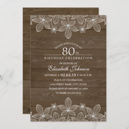 80th Birthday Party Rustic Wood Unique Lace Invitation