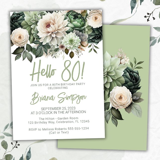 80th Birthday Party Sage Green Floral Invitation (Creator Uploaded)