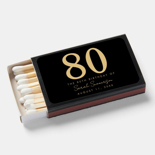 80th Birthday Party Script Black Gold Eighty Matchboxes (Front Open)