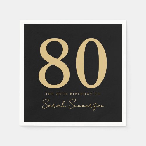80th Birthday Party Script Black Gold Eighty Napkins