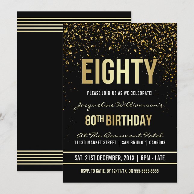 80th Birthday Party | Shimmering Gold Confetti Invitation (Front/Back)