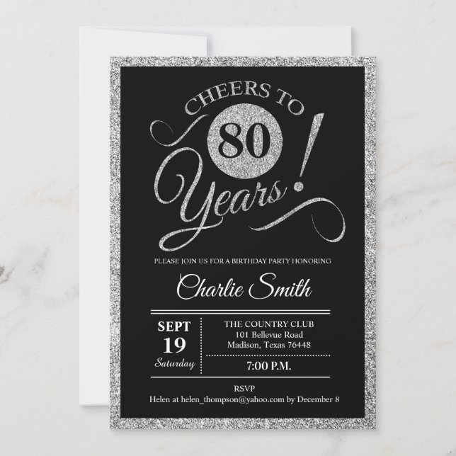 80th Birthday Party - Silver Black ANY AGE Invitation (Front)