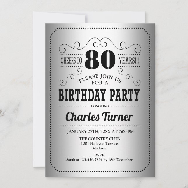 80th Birthday Party - Silver Black Invitation (Front)