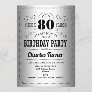 80th Birthday Party - Silver Black Invitation