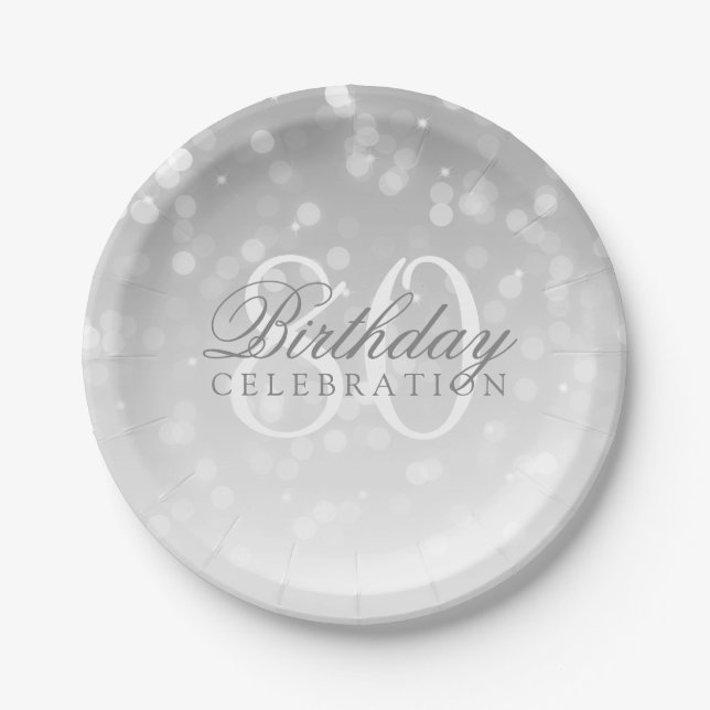 80th Birthday Party Silver Bokeh Sparkle Lights Paper Plates (Front)